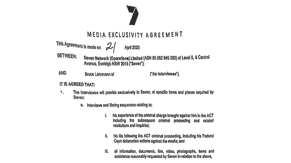 Bruce Lehrmann media exclusivity agreement. Picture supplied