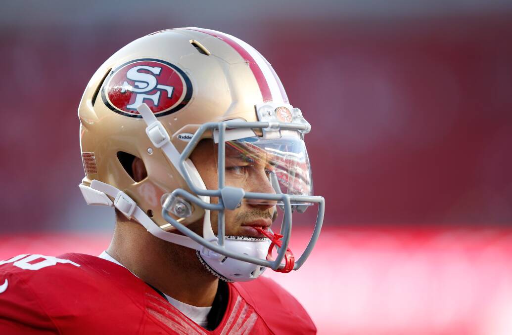 Jarryd Hayne warms up ahead of an NFL pre-season game with the San Francisco 49ers. He has secured a place on the 49ers' roster. Picture: GETTY IMAGES