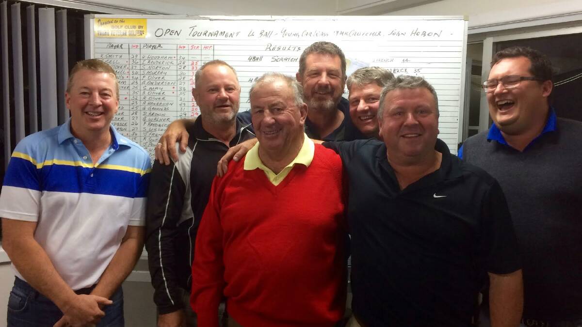 WINNERS ARE GRINNERS: Ian Broderick, Steve Sell, John Hobson, Mark Crutcher, Bill Oliver, Ian Page and James French.