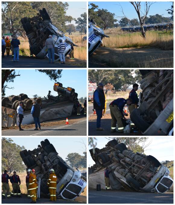 TOPSY TURVY: A truck rolled over after a collision with a car on the Milvale (Temora Rd) spilling grain into a culvert (top right) on Thursday morning. Photos: Rebecca Hewson.