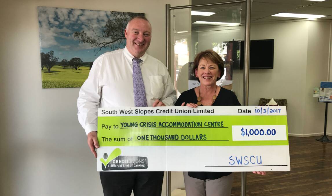 HELPING HAND: Young Crisis Accommodation Centre received a cheque from South West Slopes Credit Union. Photo: Supplied.