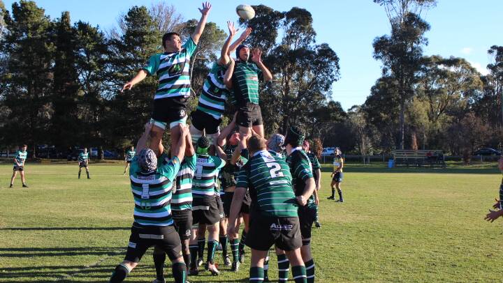 NIPPING IN: Yabbies' Ben Simmons beats out the Hall players to win a lineout on Saturday. Photo: Cec Finley.