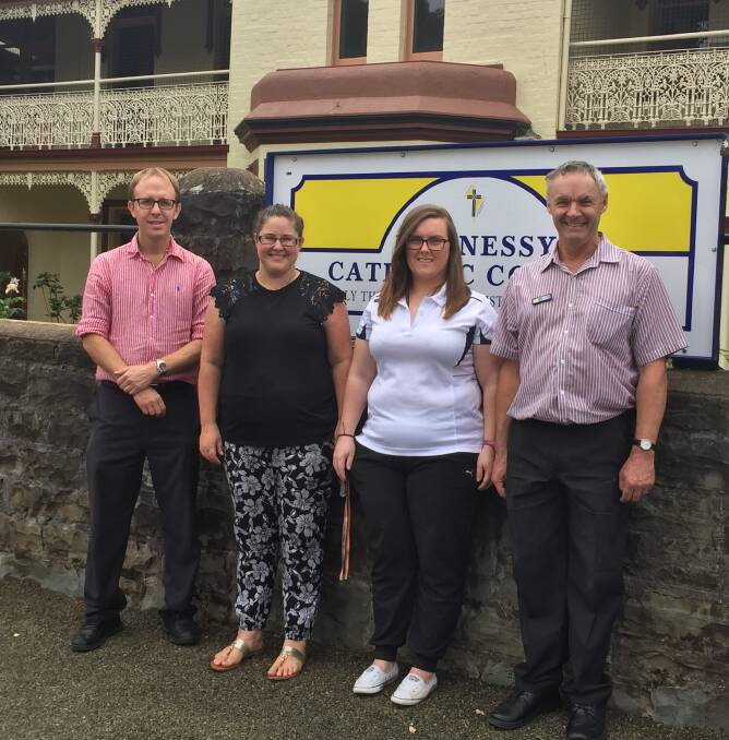 NEW FACES: Garth Kummerow, Rebecca McDonald, Sam Dunk and Tony Collings have joined the teaching team at Hennessy Catholic College. Picture: Rebecca Hewson.