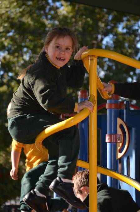 MONKEY-ING AROUND: Sierra in 1S can't wait to get the new play equipment. Photo: Rebecca Hewson.