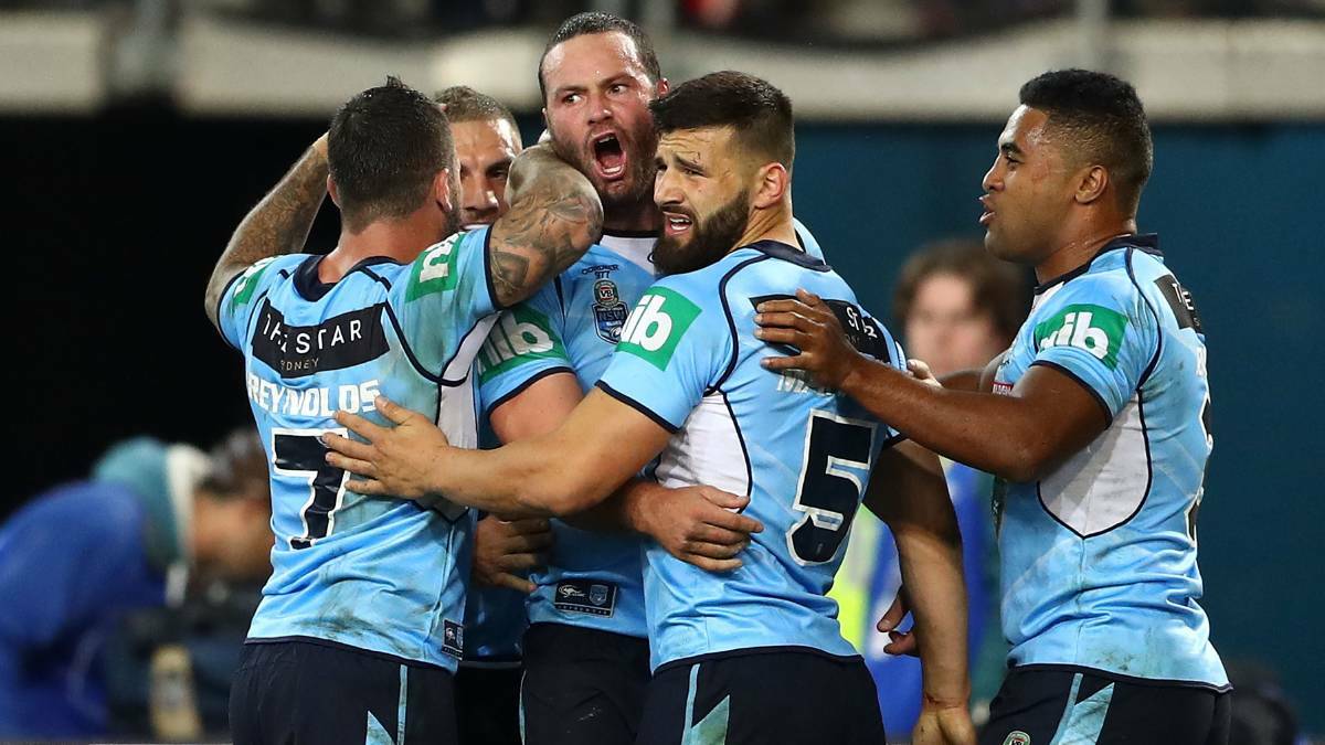 Boyd Cordner and his New South Wales Blues team mates celebrate after he scored a try. Many pundits believe this is New South Wales' year. Picture: Getty Images