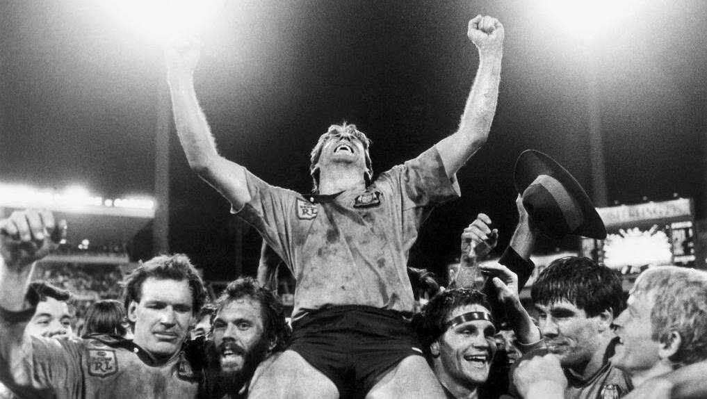 Blues captain Steve Mortimer is chaired from the field by teammates after NSW clinched their first State of Origin series in game two of 1985.