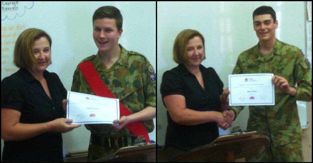Joanne Garlick from Young District Hospital presenting certificates of appreciation to Jakob Byrne and Baye Bruce for their contribution to the driver education days.