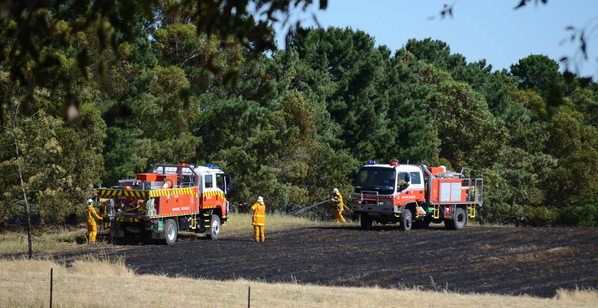 ACTION: Rural Fire Service crews in action at the Murringo Road grass fire on Monday afternoon.