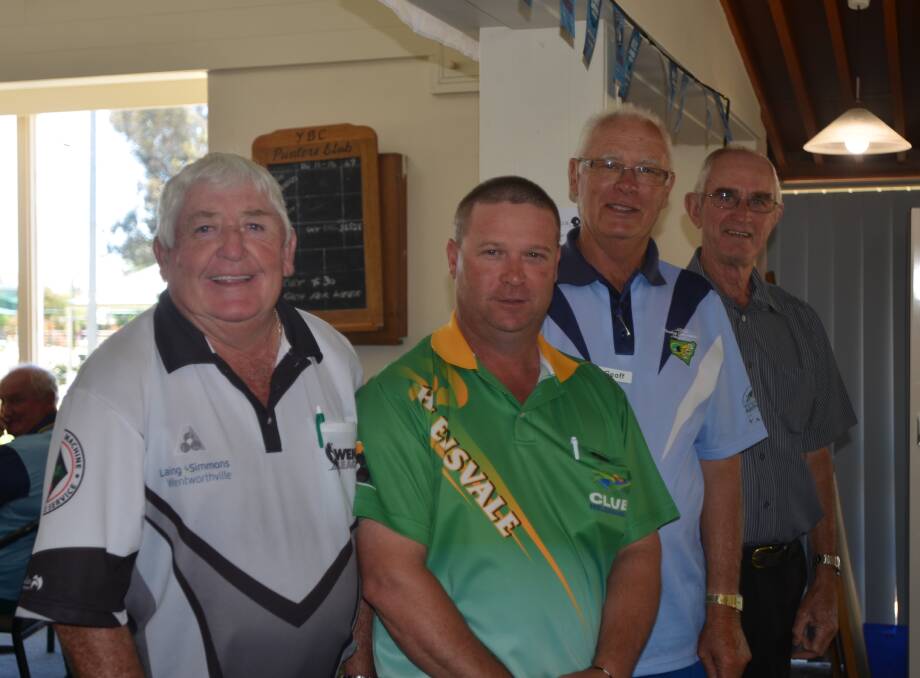 OVERALL WINNERS: Pedro Rudd of Wagga, Chris Grimson of Boorowa and Young's Geoff Holt with award presenter Geoff Connelly after Thursday's final game.