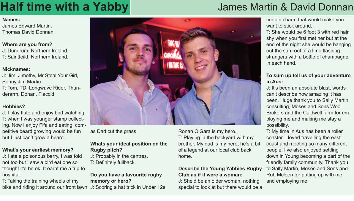 PROFILE: This week's Half time with a Yabby profile features two Irishmen, David Doonan and James Martin.