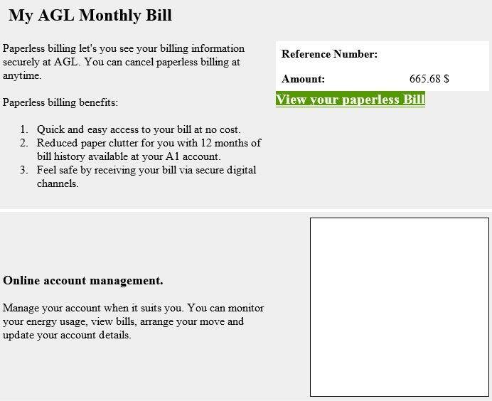 Screenshot of the new-look hoax email claiming to be an electricity or gas bill from AGL Energy.