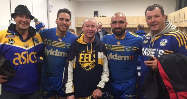 PARRAMATTA VISIT: Dave McMurray, Corey Norman, Pete Causer, Tim Mannah and Jack Noakes pictured in the Eels change rooms during their visit.