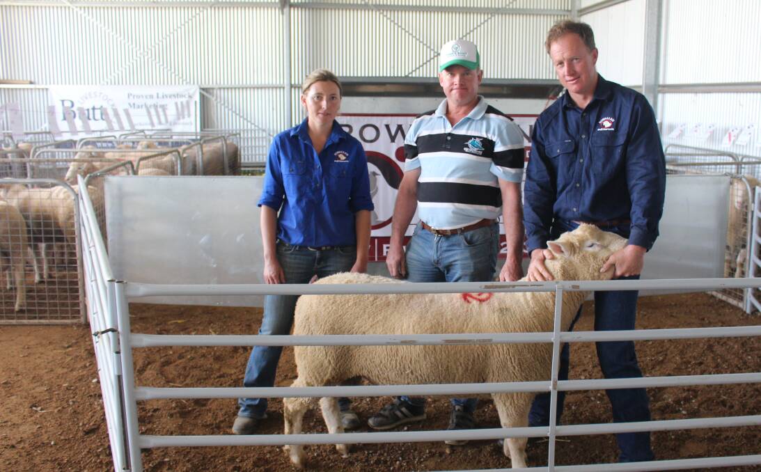 Purchaser of top price ram Steve Boland, Rosedale Plains Poll Dorsests, Tubbul, flanked by Amy and Matt Reid Rowallan Poll Dorsets, and top price ram.