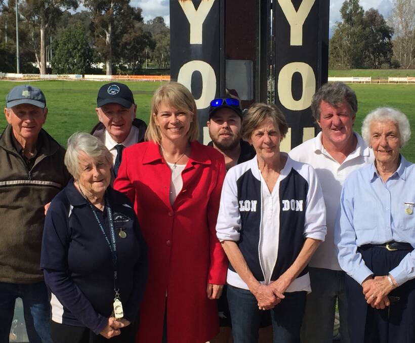 SURPRISE VISIT: Member for Cootamundra, Katrina Hodgkinson, with Young and District Greyhound Club committee Paul Ricketts, Pam and Mike Grant, Brad Ashton, Vicki and Greg Prest, and June Gibson.