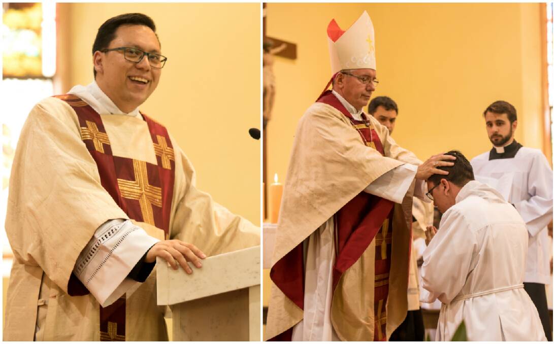 BIG MOMENT: Newly ordained deacon Joshua Scott giving his thanksgiving speech. He is pictured being ordained to the diaconate at the “laying-on of hands” by Archbishop Christopher Prowse. Picture: Cyron Sobrevinas.