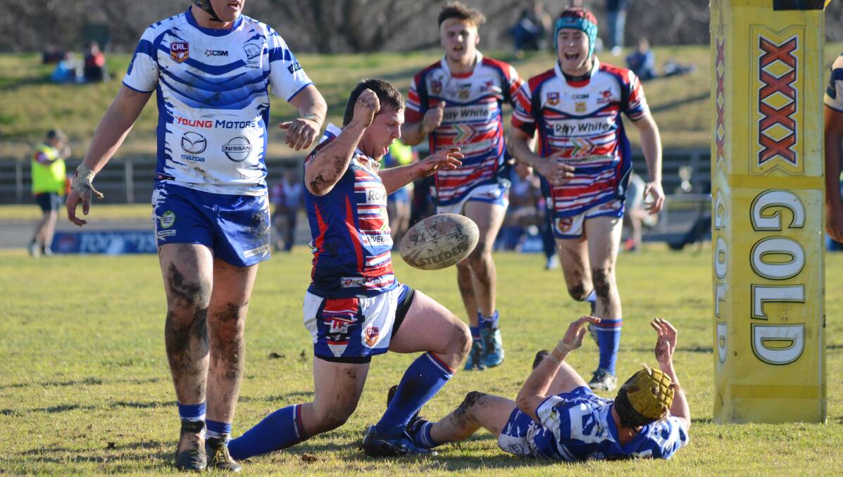 WIN: Young's James Woolford celebrates after one of his several tries scored at Cootamundra on Saturday. Photo: Elouise Hawkey