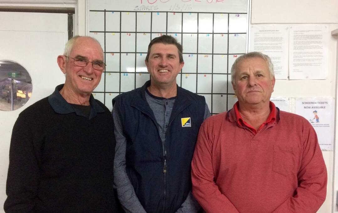 First and second: Connelly’s Office National Stroke event winner Geoff Connelly with sponsor Steve Connelly and runner-up Ian Tierney. Picture:Supplied.