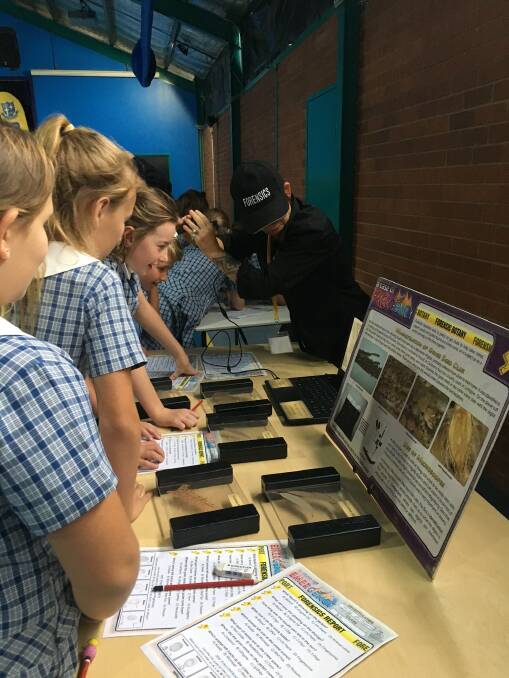 Clues: St Mary's students using an electronic microscope to uncover hidden clues. Picture: Supplied.