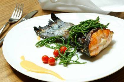 Salmon tail cooked on the bone, samphire and rouille at Four Seasons Restaurant Pei Modern. Photo: Steven Siewert