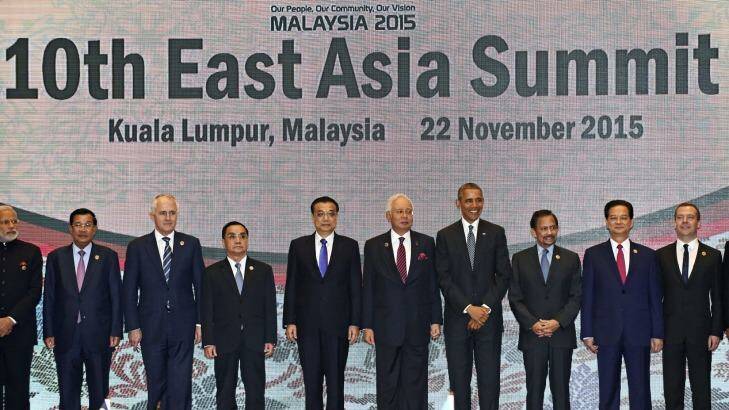 Leaders participate in the East Asia Summit family photo in Kuala Lumpur, Malaysia. Photo: Susan Walsh