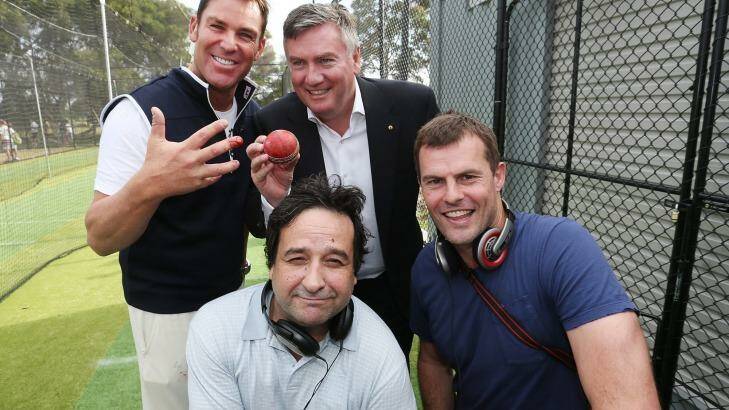 From back left: Shane Warne, Eddie McGuire, Mick Molloy and Luke Darcy at an AFL community camp in December 2014. Photo: Paul Jeffers