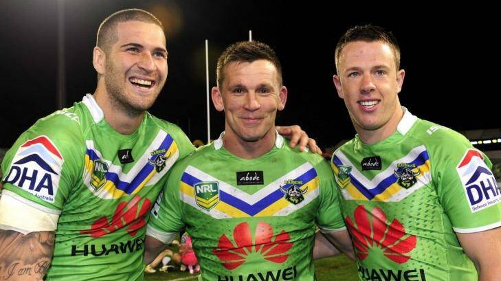 Former Raiders players Joel Thompson, Shaun Berrigan and Sam Williams in 2013. Williams is likely to return but Thompson will stay at the Dragons. Photo: Melissa Adams