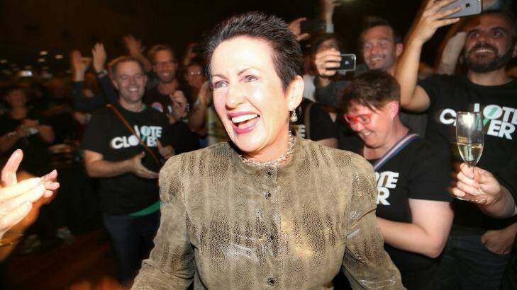 Supporters of incumbant Sydney Lord Mayor Clover Moore celebrate their candidate's arrival. Photo: James Alcock