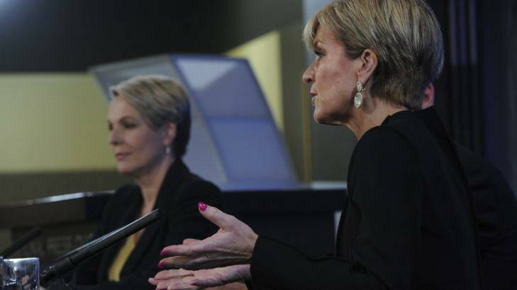 Minister for Foreign Affairs Julie Bishop and opposition spokeswoman Tanya Plibersek on Tuesday.  Photo: Graham Tidy