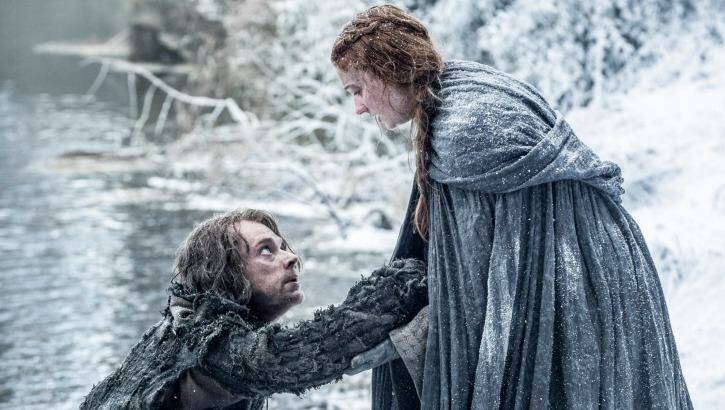 Alfie Allen as Theon Greyjoy and Sophie Turner as Sansa Stark. Photo: Helen Sloan/HBO