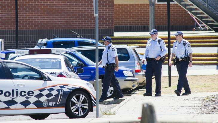 ACT police outside Canberra's Lanyon High School last Tuesday, following a bomb threat. Photo: Rohan Thomson