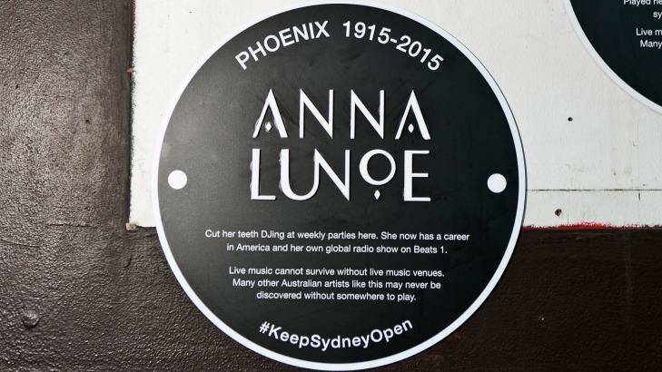 Memorial plaque outside the old Phoenix nightclub, where artist Anna Lunoe had a DJ residency.  Photo: Sarah Keayes