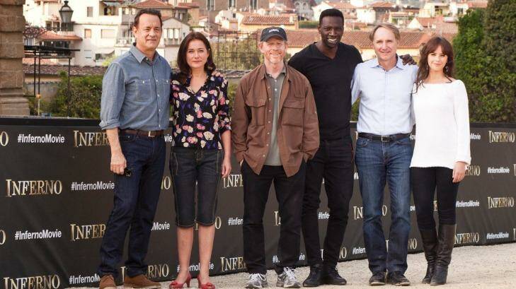 Tom Hanks (from left),  Sidse Babett Knudsen, director and producer Ron Howard,  Omar Sy, author Dan Brown and Felicity Jones in Florence. Photo: Luca Dammicco/Sony Pictures