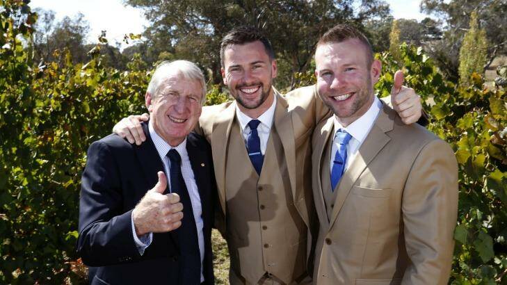 Rugby league great Steve Mortimer with son Matt and Matt's partner Jason renewing their vows in Orange after marrying in Chicago.  Photo: Grant Turner/Mediakoo