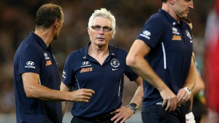 Mick Malthouse confronted a senior umpire about a costly and contentious free kick he had awarded in 2013 against the Blues. Photo: Pat Scala