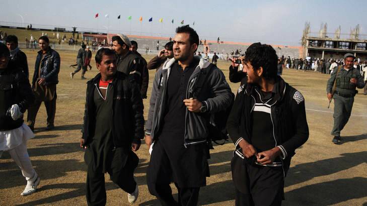 On side: Samiullah Shenwari at the Tajikistan-Afghanistan "A" match in Jalalabad. Photo: Andrew Quilty/Oculi