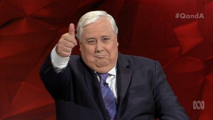 Clive Palmer gave a big thumbs up to his parliamentary track record as well as taking a swipe at Tony Abbott on Q&A. Photo: ABC
