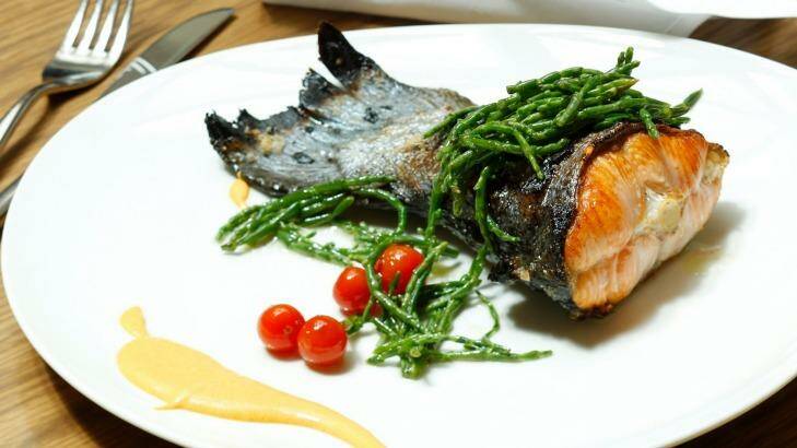 Salmon tail cooked on the bone, samphire and rouille at Four Seasons Restaurant Pei Modern. Photo: Steven Siewert