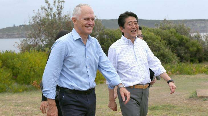 Mr Turnbull and Mr Abe took an informal stroll along Sydney's south head heritage trail. Photo: David Moir