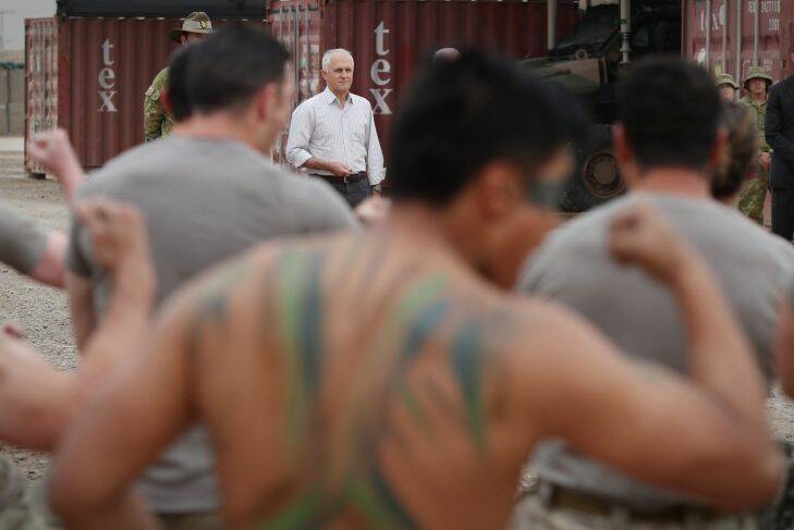 Prime Minister Malcolm Turnbull received a Maori welcome ceremony from the New Zealand troops when he arrived to meet with Australian troops in Camp Taji, Iraq on Sunday 23 April 2017. Pool Photo: Andrew Meares  Photo: Andrew Meares