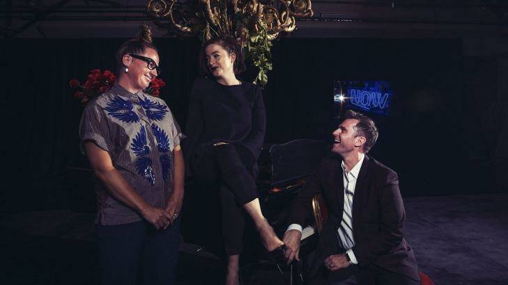 Megan Washington, Del Kathryn Barton and David Campbell at the Spectrum Now launch. Photo: Christopher Pearce