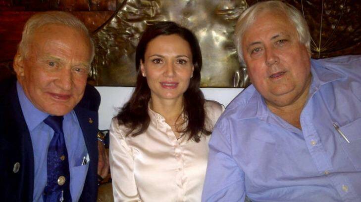 Clive Palmer and wife Anna meet astronaut Buzz Aldrin in New York. Photo: Twitter
