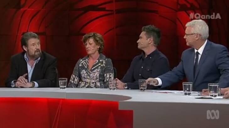Drinking, depression and deportation: Q&A's panelists discuss the important topics. L-R: Broadcaster Derryn Hinch, Labor MP Anna Burke, comedian and broadcaster Dave Hughes, program host Tony Jones.  Photo: Supplied
