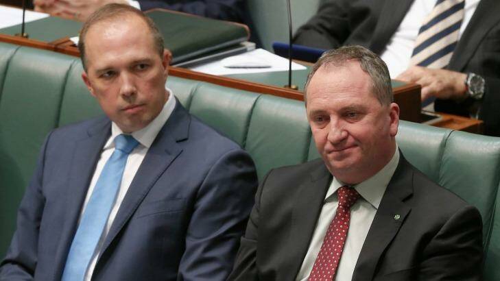 Immigration Minister Peter Dutton and Deputy PM Barnaby Joyce. Photo: Alex Ellinghausen
