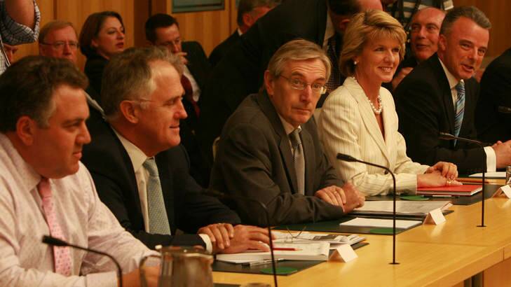 Back and to the right: The Coalition shadow cabinet, with Hockey at left, meets in 2007. Photo: Andrew Taylor