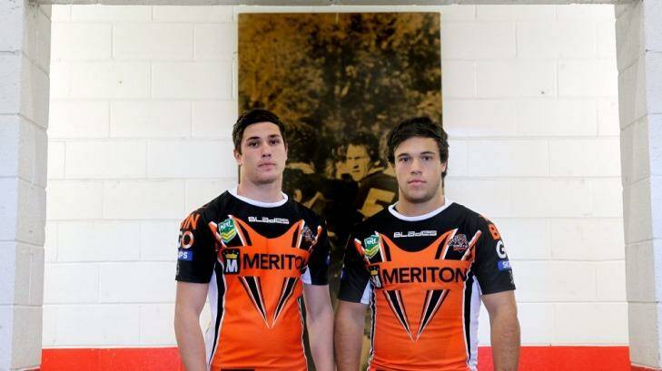 Great mates: Wests Tigers young guns Mitchell Moses and Luke Brooks. Photo: Brendan Esposito