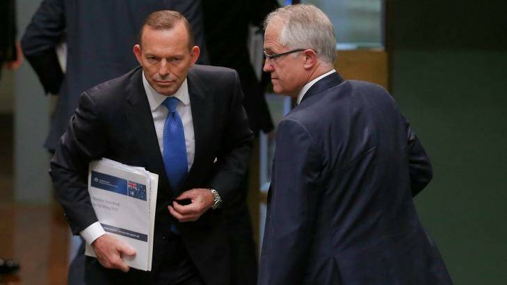 Tony Abbott and Malcolm Turnbull shortly before the leaderhip spill in September 2015.  Photo: Alex Ellinghausen