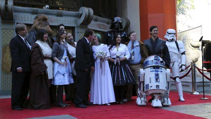Characters from Star Wars were among the wedding party when Caroline Ritter married Andrew Porters. Photo: Matt Wheeler