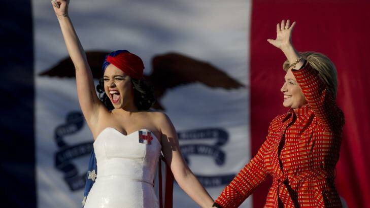 Pop singer Katy Perry and Hillary Rodham Clinton at a Democrat fundraiser in Iowa last year.  Photo: Stephen Crowley