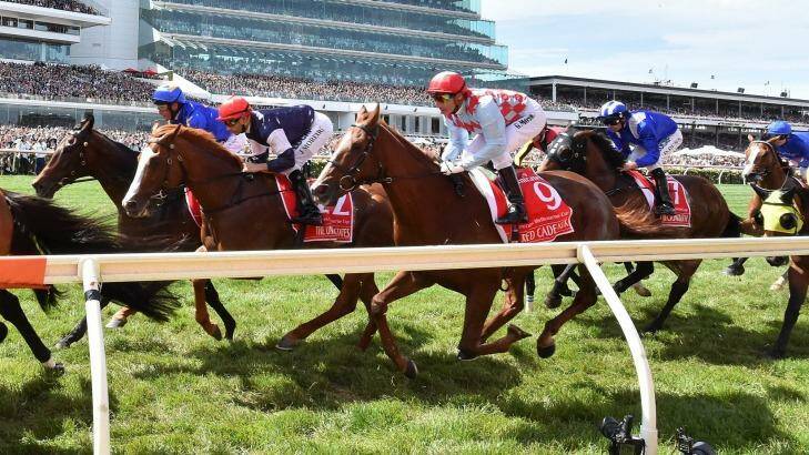 Last run: Gerald Mosse and Red Cadeaux (9) during the 2015 Melbourne Cup. Photo: Joe Armao