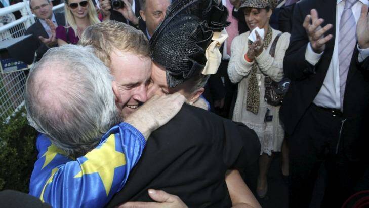 Emotional: Tom Berry celebrates victory in the Sydney Cup. Photo: Damian Shaw